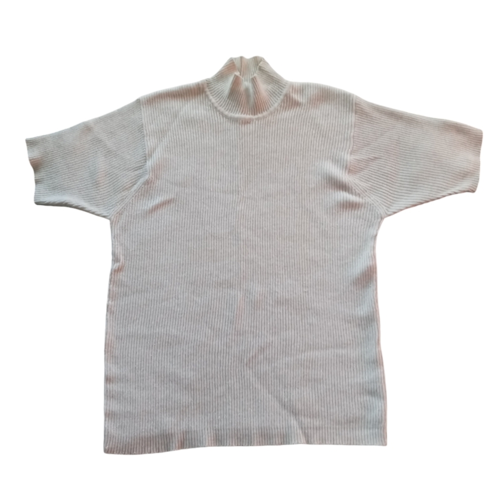 New York Jeans Cream Silver Sparkle Short Sleeve Mockneck Pullover Sweater